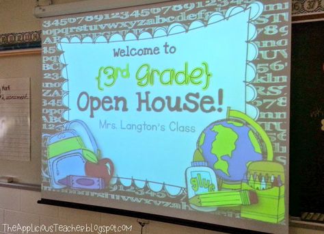 Do you have an Open House or Back to School Night? Well last week, we had ours! You can grab this school themed presentation template for FREE here! I’ll be honest here, people… I was a *little* nervous about my 7th Open House night… new grade, new school… all these parents relying on me to … Open House Night, Curriculum Night, House Night, School Open House, Third Grade Classroom, Back To School Night, Parent Teacher Conferences, 4th Grade Classroom, 3rd Grade Classroom