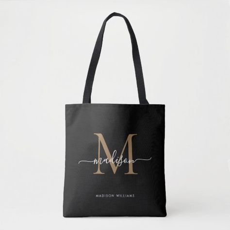 Modern Black Gold Monogram Script Name Initial Tote Bag Souvenir Ideas Wedding, Cricut Bags, Initial Tote Bag, Plotter Machine, Tote Bag Business, Personalised Jute Bags, Funny Bags, Gold Tote Bag, Bag Names