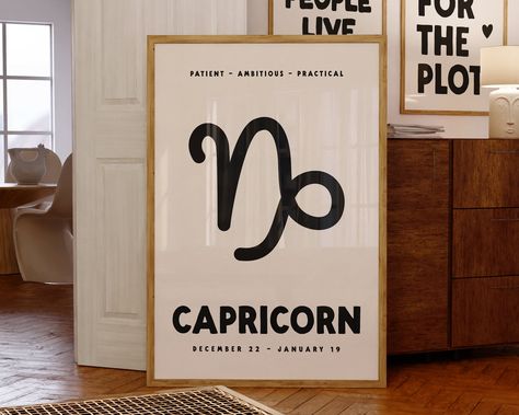 Capricorn Zodiac Print, Astrology Star Sign Poster, Digital Download, Capricorn Zodiac Star Sign Gifts, Horoscope Wall Art, Trendy Printable Star Sign Poster, Collage Mural, Astrology Stars, Zodiac Designs, Wall Art Trendy, Capricorn Zodiac, Retro Wall Decor, Zodiac Star Signs, Zodiac Capricorn