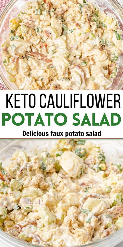 A delicious keto potato salad to have a side dish or as a stand alone dish. This faux potato salad loaded with veggies and a creamy dressing. Faux Potato Salad, Potato Salad Loaded, Keto Potato Salad, Cauliflower Potato Salad, Low Carb Potatoes, Cauliflower Potatoes Salad, Bacon Potato Salad, Creamy Dressing, Low Carb Salad