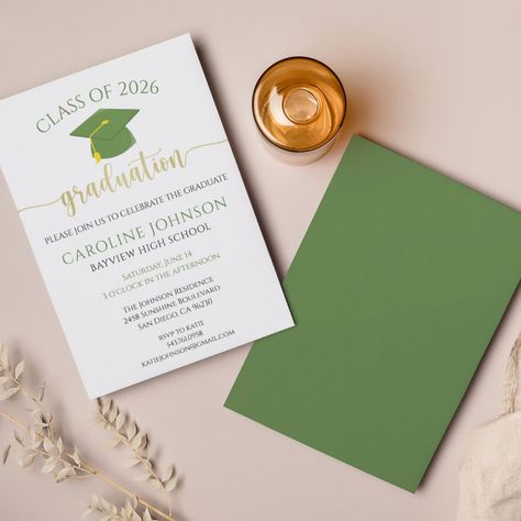 Graduation Party School Colors Green & Gold Invitation Green Gold Invitation, Graduation Party Purple, Rose Gold Foil Invitations, Graduation Invitations High School, Purple Invitations, Gold Class, Purple Foil, Graduation Party Invitation, Green Cap