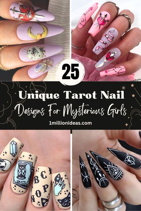 Witchy Nail Art Short Nails, Tarot Card Nail Design, Metaphysical Nail Designs, Nail Designs Spiritual, Spiritual Nails Designs Acrylic, Tarot Nails Acrylic, Tarot Nails Art, Mystical Nail Art, Tarot Nail Designs