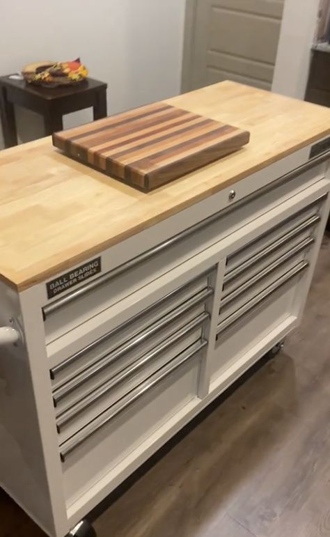 Tool Box Island, Toolbox Island Kitchens, Tool Box Kitchen Island, Toolbox Kitchen Island, Tool Chest Kitchen Island, Harbor Freight Tool Box Ideas, Workbench Kitchen Island, Workbench Kitchen, Funny Jobs