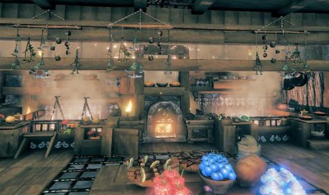 Valheim Interior Ideas, Valheim Crafting Area, Valheim Base Layout, Valheim Storage, Valheim Kitchen, Valheim Kitchen Build, Valheim Storage Room, Valheim House Ideas, Valheim Cooking House