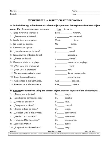 Worksheet 2-Direct Object Pronouns Worksheet | Lesson Planet Direct Object Pronouns Spanish Worksheets, Worksheet Pronouns, Indirect Object Pronouns Spanish, Spanish Object Pronouns, Spanish Workbook, Spanish Pronouns, Spanish Practice Worksheets, Spanish Commands, Spanish Subject Pronouns