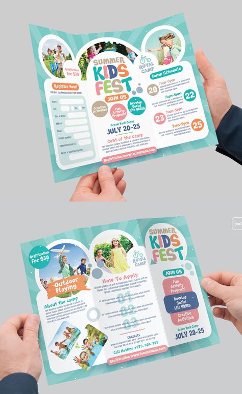 Kids Summer Camp Trifold Brochure Template PSD Kids Brochures, Kids Fest, Kids Summer Camp, Brochure Graphic, School Brochure, 브로셔 디자인, Brochure Design Creative, Brochure Design Layout, Trifold Brochure Design