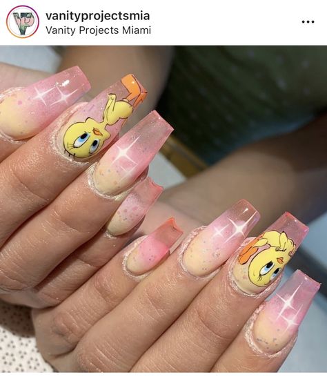 Tweety Bird 🐤 Tweety Bird Nail Art, Tweety Bird Nail Design, Tweety Nail Art, Tweety Bird Nails, Tweety Nails, Bird Nails, Bird Nail Art, Nail Designs Bling, Character Nails