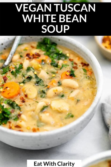 Tuscan White Bean Soup, Tuscan White Bean, White Bean Soup Recipes, Bean Soup Recipe, Italian Herbs, Bean Soup Recipes, Kale Soup, Vegan Soup Recipes, White Bean Soup