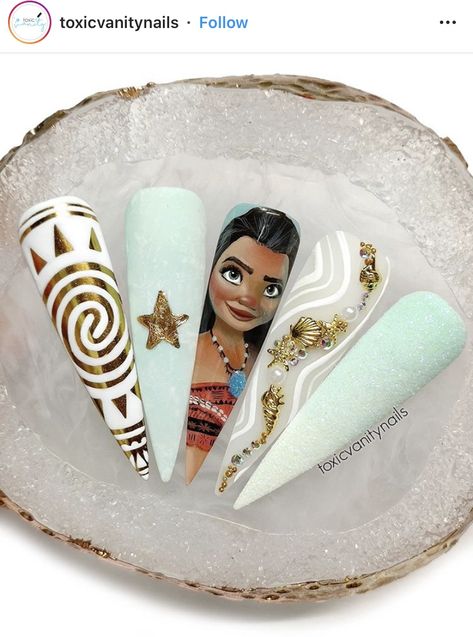 Nail Suites Ideas, Moana Nail Designs, Moana Nails Acrylic, Moana Nails Disney, Moana Inspired Nails, Moana Nail Art, Moana Nails, Disney Princess Nail, Princess Nail Art