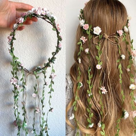 Flower Goddess Outfit, Flower Crown With Crystals, Faerie Themed Party, Fairy Headband Diy, Flower Crown Prom, Ren Faire Flower Crown, How To Make A Fake Flower Crown, Flower Theme Outfit, Diy Fairy Crown Headpieces