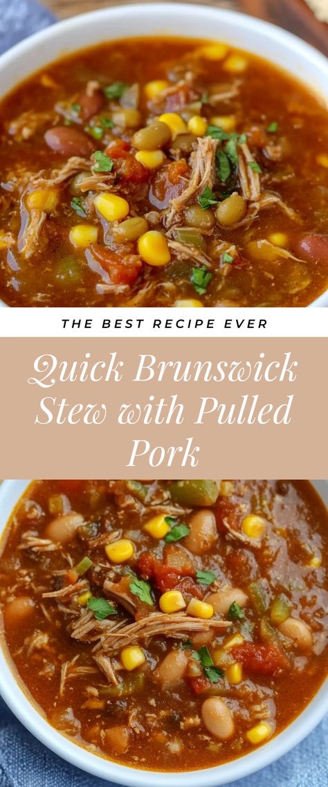 Image for Quick Brunswick Stew with Pulled Pork Quick Brunswick Stew, Pulled Pork Brunswick Stew, Pork Brunswick Stew Recipe, Pulled Pork Soups And Stews, Soup Made With Pork, Soup With Pulled Pork, Brunswick Stew With Pulled Pork, Recipes Using Shredded Pork, Pulled Pork Soup Recipes