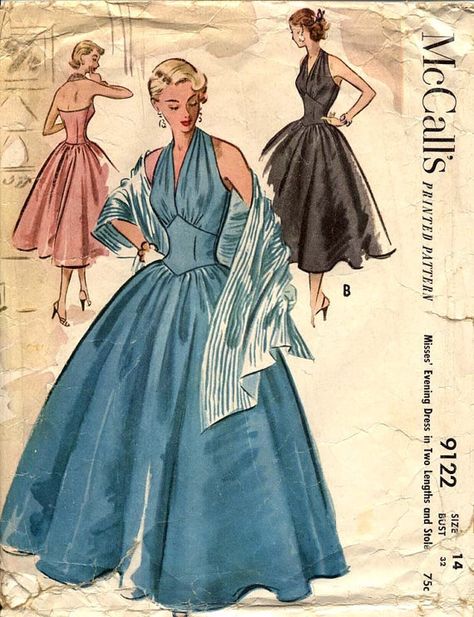 Basque waist halter top 1950s Glam, Halter Ball Gown, Stole Pattern, Dancing Skirt, Dress Stole, Glamorous Evening Dresses, Marilyn Monroe Fashion, Vintage Dress Patterns, Dress Making Patterns