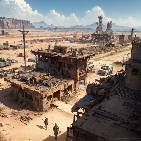 Post Apocalyptic Australia, Fallout Wasteland Art, Fallout Environment Concept Art, Junk Town Concept Art, Post Apocalyptic Fantasy Art, Post Apocalyptic Village, Desertpunk Aesthetic, Apocalypse Architecture, Post Apocalypse Landscape