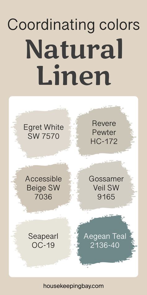 Natural Linen SW 9109 by Sherwin Williams - Coordinating Colors Revere Pewter Coordinating Colors, Accessible Beige Sw, Gossamer Veil, Aegean Teal, Egret White, Yellow Paint Colors, Accessible Beige, Revere Pewter, Master Bedding