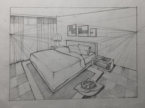 Architecture Room Drawing, Easy 2 Point Perspective Drawing, Bedroom Sketch Perspective, Room Drawing Perspective, Two Point Perspective Room, Bedroom Perspective Drawing, Drawing Architecture Sketches, Room Drawings Sketches, Perspective 2 Point