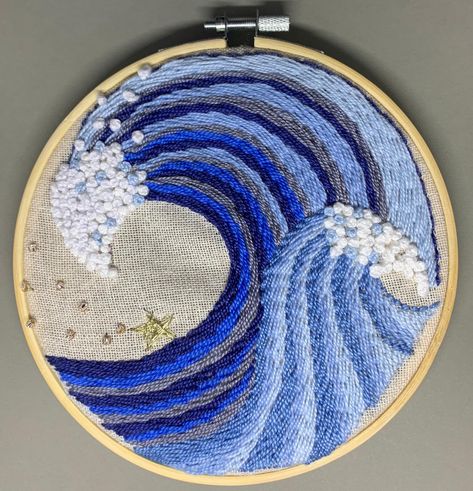 Embroidery, thread, hoop, floss, hand made, handmade, needle art, sew, ocean, wave, deep sea Ocean Hand Embroidery, Sea Embroidery Ideas, Ocean Embroidery Patterns, Textiles Nature, Waves Embroidery, Embroidery Ocean, Punching Needle, Ocean Embroidery, Micro Embroidery