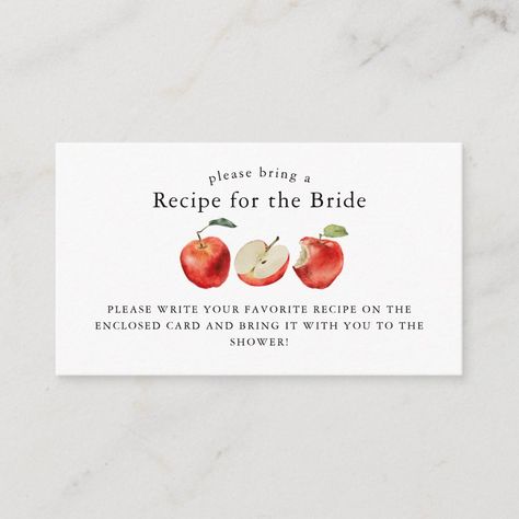 Rustic and sweet Apple theme bridal shower insert card featuring watercolor illustration of apples. The card asks guests to fill out the recipe card and bring it to the shower. Send this card along the matching recipe card in my store! Apple Bridal Shower Theme, Apple Shower Theme, Apple Bridal Shower Ideas, Bridal Shower Cooking Theme, Off The Market Bridal Shower Ideas, September Bridal Shower Ideas, Fall Themed Bridal Shower Ideas, Fall Bridal Shower Themes, Bridal Shower Recipe Request