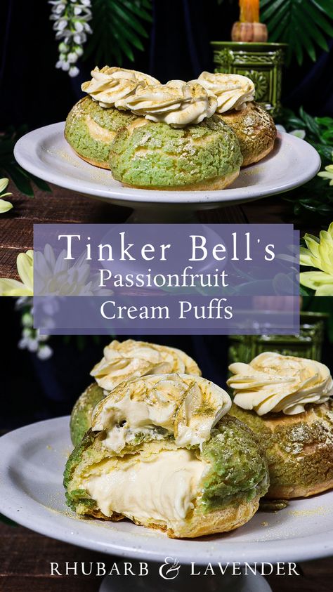 Celebrate the magical and mischievous Tinker Bell with delicate passionfruit cream puffs! Inspired by Tinker Bell's passionate, and sometimes spiteful, nature these cream puffs are flavoured with passionfruit, bringing out the sweet tropical flavours of Neverland. Each cream puff is topped with green crisp craquelin and sprinkled with fairy dust. Perfect for a Peter Pan or Disney themed party! Fairy Tale Recipes, Fairy Tale Desserts, Magical Food Ideas, Bridgerton Food Recipes, Fairy Themed Food, Fairy Desserts, Bridgerton Food, Cute Dessert Recipes, Gourmet Dessert Recipes