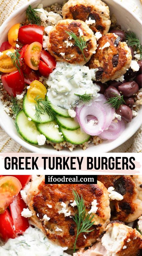 These healthy Greek Turkey Burgers are juicy, packed with flavor and protein, and ready in just 30 minutes! Enjoy them over salads or in a bun. Greek Style Turkey Burgers, Ground Turkey Boats, Greek Turkey Meatballs With Tzatziki, Healthy Ground Turkey Burgers, Turkey Greek Bowl, Ground Turkey Gyro Bowl, Mediterranean Diet Turkey Recipes, High Protein Turkey Burgers, Greek Burgers Turkey