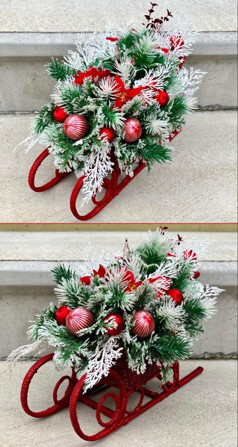 VINTAGE RED WICKER SLEIGH. I found this vintage red wicker sleigh (7”H x 12”L) at a thrift store. I added vintage greenery, vintage satin ornaments, glittery white branches, silk poinsettias, and a bubble light. Everything inside the sleigh was thrifted, as well. White Branches, Diy Christmas Lights, Bubble Lights, Christmas Centerpieces Diy, Christmas Centerpieces, Christmas Crafts Diy, Poinsettia, Red Christmas, Christmas Lights