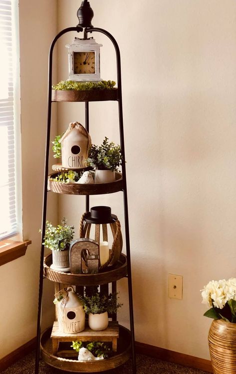 Hobby Lobby Tiered Shelf Decor, Corner Stand Decor, Tiered Shelf Decor, Interior Styles Guide, Corner Stand, Circle Shelf, Farmhouse Shelves Decor, Boho Farmhouse Decor, Dream House Living Room