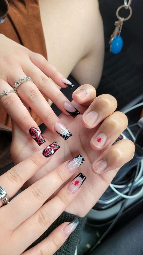 Matching Acrylic Nails With Boyfriend, Cute Couple Nail Ideas, Relationship Nails Designs, Bc And Gf Matching Nails, Nail Ideas For Boyfriend, Matching Nails With Boyfriend Spiderman, Matching Spiderman Nails, Matching Nail With Boyfriend, Matching Couple Nail Sets