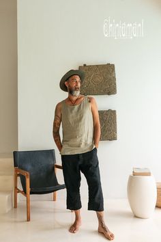 Colored Trousers, Men Streetwear Outfits, Asymmetrical Tank Top, Men Linen Shirt, Thai Fisherman Pants, Organic Clothes, Fisherman Pants, Bohemian Pants, Mens Top