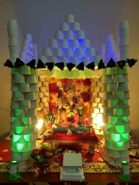 40 DIY Recycling Ganpati Pooja Decoration Ideas - Hobby Lesson Pooja Decoration Ideas, Ganapati Decorations, Ganesha Decoration, Bappa Decoration, Mandir Ideas, Eco Friendly Ganpati Decoration, Ganesh Decoration, Ganpati Decoration Theme, Krishna Birthday