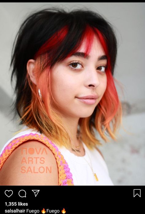 Color Blocked Hair With Bangs, Shag Hair Dye, Half Colored Bangs, Block Colour Hair, Alt Hair Colors, Dyed Ends Of Hair, Peekaboo Hair Colors, Color Block Hair, Haircuts 2024