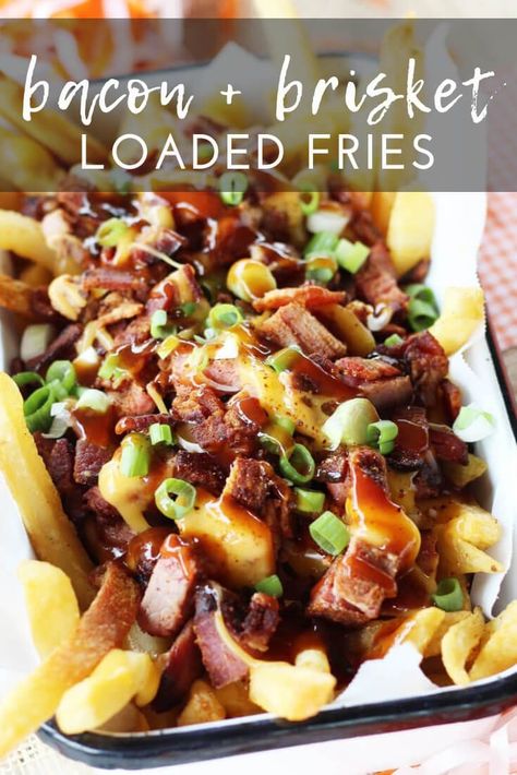 These fries are loaded with beef briskey, savory bacon, cheddar cheese sauce and more. Perfect for parties and enjoying the big game. #loadedfries #brisketfries #smokedbrisket Brisket Fries, Grilled Brisket, Cheddar Cheese Sauce, Smoked Beef Brisket, Queso Cheddar, Loaded Fries, Brisket Recipes, Tailgating Recipes, Smoked Beef