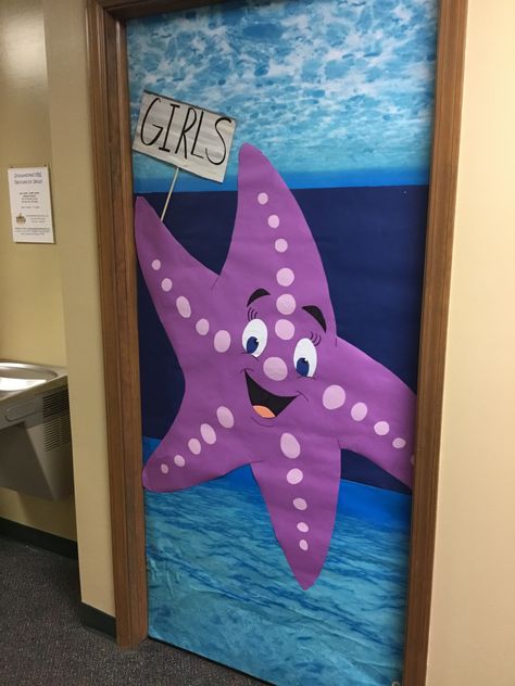 Shipwrecked VBS girls bathroom door cover Ocean Door Decorations, Beach Door Decoration, Under The Sea Door Theme, Under The Sea Door Decor, Under The Sea Door Decorations Classroom, Under The Sea Door Decorations, Scuba Vbs Crafts, Under The Sea Classroom Door, Starfish Door Decorations Classroom