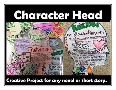 Characterization Creative Novel Project for Any Novel or Story Character Head Novel Study, Fun Creative Writing Activities, Characterization Middle School, Summer Reading Projects, English Creative Writing, Character Traits Activities, Literature Project, 5th Grade Ela, Reading Projects