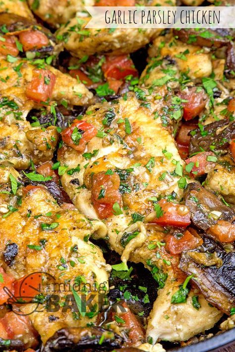 Quick and easy skillet chicken dinner thats oh-so grlicky Parsley Chicken, Easy Skillet Chicken, Parsley Recipes, Pork Chops And Potatoes, Pita Chips, Slow Cooker Pork, Skillet Chicken, Baked Chicken Recipes, The Midnight