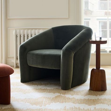 Modern Living Room Chairs | West Elm West Elm Living Room, West Elm Sofa, Upholstered Chairs Fabric, Single Arm Chair, Living Room Spaces, Upholstered Fabric, Mid Century Decor, Chair Style, Modern Furniture Living Room