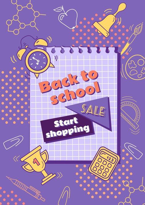 Back to school. Bright vector vintage banner in violet colors of 90s cartoon style. Learning symbols. Writing utensils pens, pencils and rulers. For advertising banner, website, poster, sale flyer Website Poster, Poster Sale, Banner Website, Advertising Banner, Vintage Banner, Product Shots, Writing Utensils, Banner Advertising, Back To School Sales