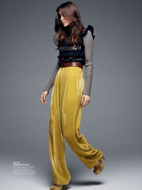 Velvet Pants Outfit, Tatler Magazine, Yellow Trousers, Fendi Sweater, Fall Fashion 2016, Jill Stuart, Velvet Fashion, Velvet Pants, Mellow Yellow