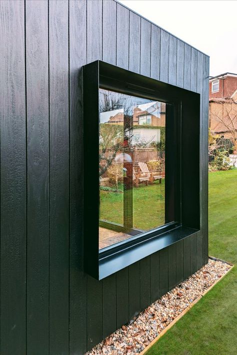 Projecting aluminium window surround Zinc Cladding Extension, Steel Cladding House Exterior, External Window Trim, Black Garden Room, Window Surround Exterior, Charred Timber Cladding, Black Cladding Exterior, Metal Cladding House Exterior, Modern Exterior Window Trim