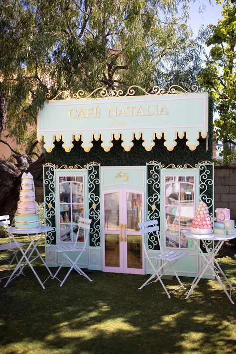 16 Tres Chic Paris Theme Party Ideas — Sugar & Cloth Diy French Cafe Awning, Bonjour To Four Birthday, Storefront Backdrop, Cafe Birthday Party, La Duree, Box Birthday Cake, Parisian Birthday Party, Paris Themed Birthday Party, Parisian Party