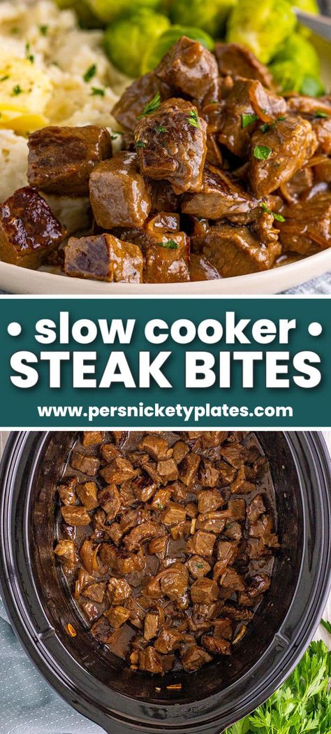 Slow Cooker Steak Bites, Slow Cooker Steak, Steak Bites Recipe, Over Mashed Potatoes, Easy Crockpot Dinners, Clean Protein, Steak Bites, Crockpot Dishes, Crockpot Recipes Slow Cooker