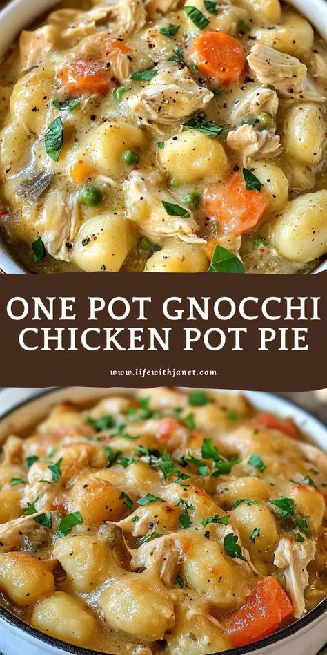 One Pot Gnocchi Chicken Pot Pie Gnocchi Chicken Pot Pie, Creamy Pot Pie, One Pot Gnocchi, Gnocchi Recipes Healthy, Gnocchi Chicken, Chicken Carbonara Recipe, Creamy Chicken Pot Pie, Chicken Pot Pie Filling, Pot Pie Filling