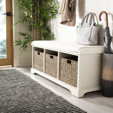 Beachcrest Home Santa Cruz Upholstered Cubby Storage Bench & Reviews | Wayfair Bench With Baskets, White Storage Bench, Cubby Storage Bench, Entry Bench, Wicker Storage, Garden Shoes, White Upholstery, Cubby Storage, White Storage