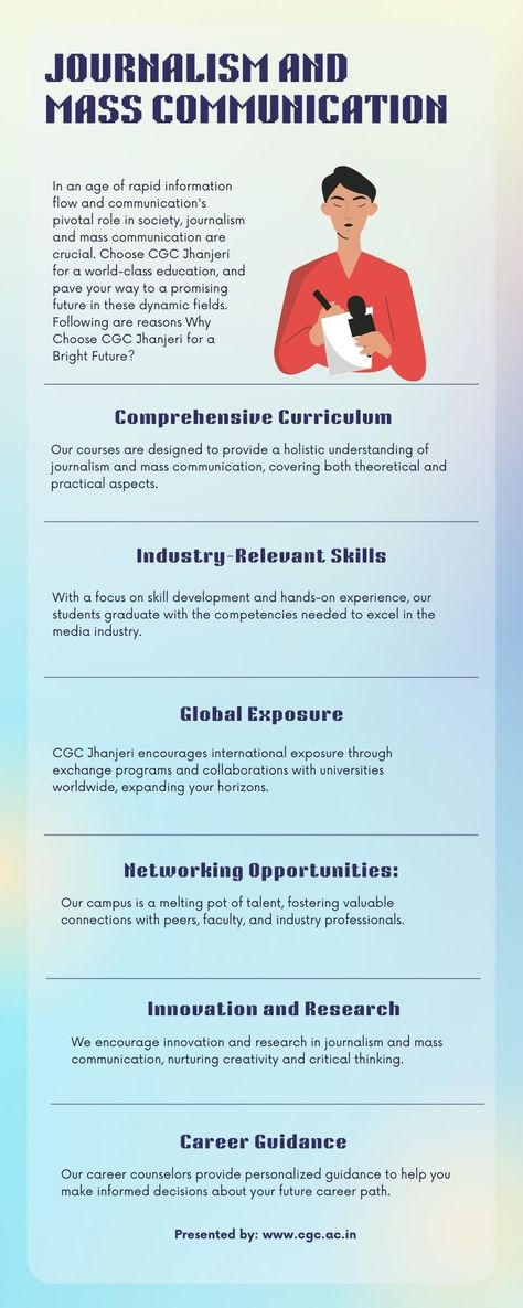 Journalism and mass communication have never been more important in an era when information moves swiftly and communication plays a critical role in creating cultures. If you want to make a difference in these dynamic fields, selecting the correct educational institution is critical. Welcome to CGC Jhanjeri, where we provide a world-class education and a potential road to a successful career in journalism and mass communication. Mass Communication Student Aesthetic, Mass Communication Aesthetic, Communication Aesthetic, Career Improvement, Journalism School, Journalism Career, Successful Career, College Experience, Mass Media