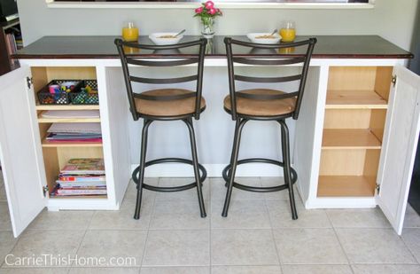 making storage under a bar in kitchen | DIY Breakfast Bar - an easy weekend project you can do! Diy Breakfast Bar, Small Breakfast Bar, Bar In Kitchen, Bar Furniture For Sale, Breakfast Bar Table, Diy Breakfast, Kitchen Bar Table, Kitchen Furniture Storage, Small Kitchen Storage