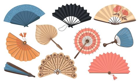 Hand fans set | Free Vector #Freepik #freevector #folding-fan #japanese-fan #japanese-culture #geisha Paper Fan Drawing, Hand Fan Drawing, Geisha Illustration, Kids Graphic Design, Chinese New Year Poster, China Culture, Fan Drawing, Traditional Holiday Decor, Floral Circle