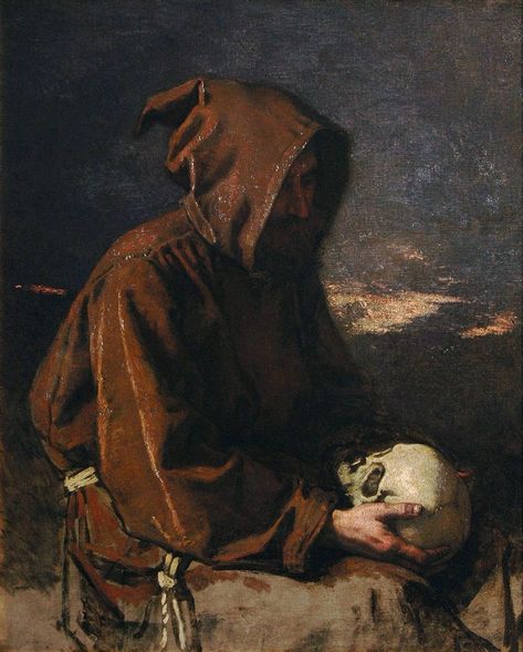 Monk contemplating a skull - Thomas Couture Thomas Couture, Rennaissance Art, Skull Island, Baroque Art, San Francesco, Biblical Art, Classic Paintings, Old Paintings, Historical Art