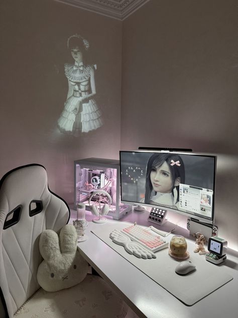 Egirl Room Aesthetic, Cybercore Setup, Girly Pc Setup, Gamer Setup Aesthetic, Gaming Set Up Aesthetic, Streaming Room Ideas, Pc Setup Aesthetic, Dorms Ideas, Dope Rooms