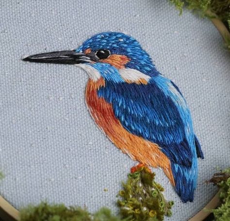 Blue Bird Embroidery, Embroidery Parrot, Bluebird Embroidery, 3d Bird Embroidery, Kingfisher Embroidery, Birds And Flowers Embroidery, Kingfisher Embroidery Pattern, Kingfisher Cross Stitch, Bullion Embroidery