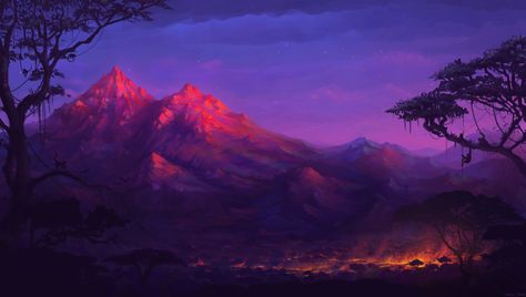 mountain painting #artwork fantasy art #mountains #colorful #monkey #night #trees #fire #4K #wallpaper #hdwallpaper #desktop Keyboard Wallpaper, Composition Board, Sunset Skies, Laptop Wallpapers, Computer Wallpapers, Nature Background Images, Interesting Images, Mountain Wallpaper, Night Forest