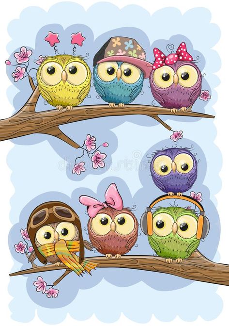 Cute Owls is sitting on a branches. Seven Cute Owls is sitting on a branches royalty free illustration Owl Clip Art, Cute Owls, Diy Graduation Cap, Branch Vector, Owl Wallpaper, 그림 낙서, Baby Wallpaper, Owl Cartoon, Happy Paintings