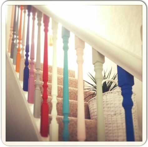 I like this idea, but in more muted colours. Colourful Banister Ideas, Colourful Stairs Ideas, Painted Banister Ideas Colour, Colourful Stairs, Basement Railing, Painted Spindles, Stair Bannister, Landing Stairs, Landing Ideas